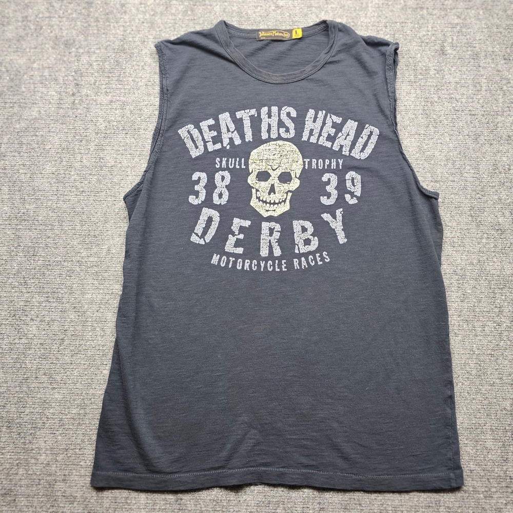 Johnson Motors Inc Deaths Head Skull Derby Motorcycle Muscle Tee Gray Large